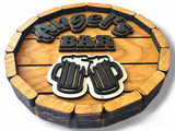 Personalised wooden barrel pub sign / customisable cask end sign / unique family name bar sign