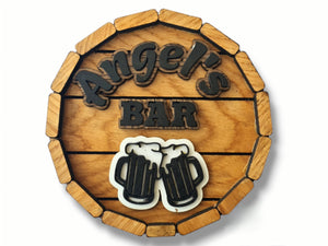 Personalised wooden barrel pub sign / customisable cask end oak sign / unique family name bar sign