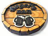 Personalised wooden barrel pub sign / customisable cask end oak sign / unique family name bar sign