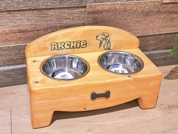 Personalised Double Bowl Dog Cat Feeder Elevated Stand Raised Dish Holder Feeding Food Water solid wood