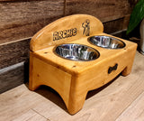 Personalised Double Bowl Dog Cat Feeder Elevated Stand Raised Dish Holder Feeding Food Water solid wood